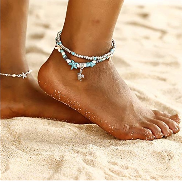 Boho Blue Starfish Turtle Multilayer Anklet - Picture 5 of 9